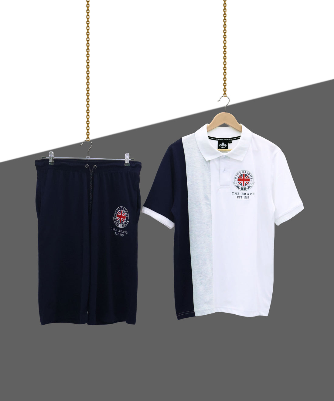 VICTORIOUS THE BRAVE EST 1989 3 PANEL SHIRT WITH NAVY SHORT TRACKSUIT