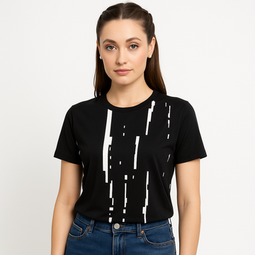 WOMEN POLYESTER BLACK AND WHITE LINE SPORTS T SHIRT