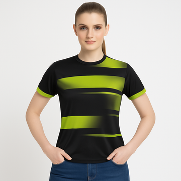 WOMEN POLYESTER BLACK AND YELLOW SPORTS T SHIRT