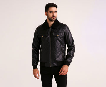 Men’s Black Leather Jacket with Zipper Closure