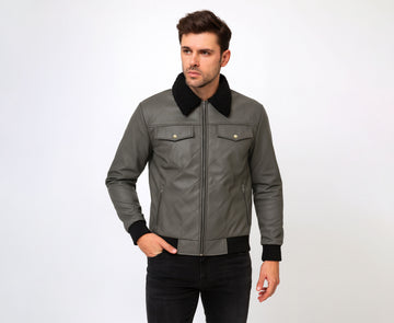 Men’s Grey Leather Jacket with Zipper Closure