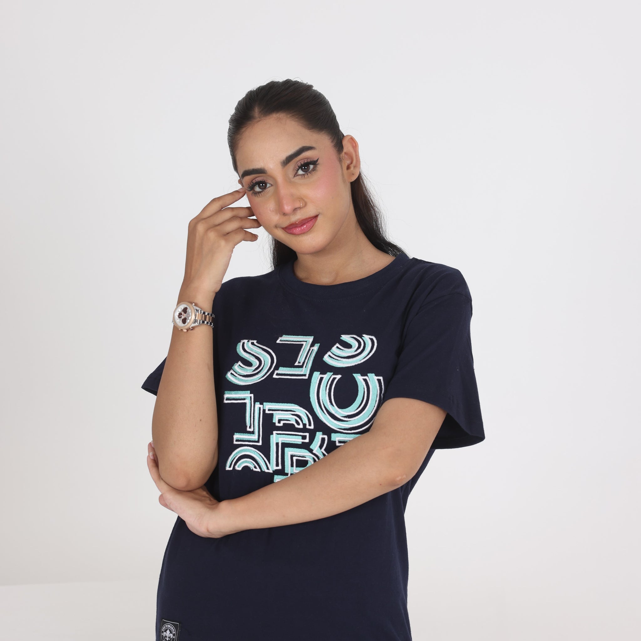 WOMEN NAVY BLUE GRAPHIC PRINT T-SHIRT