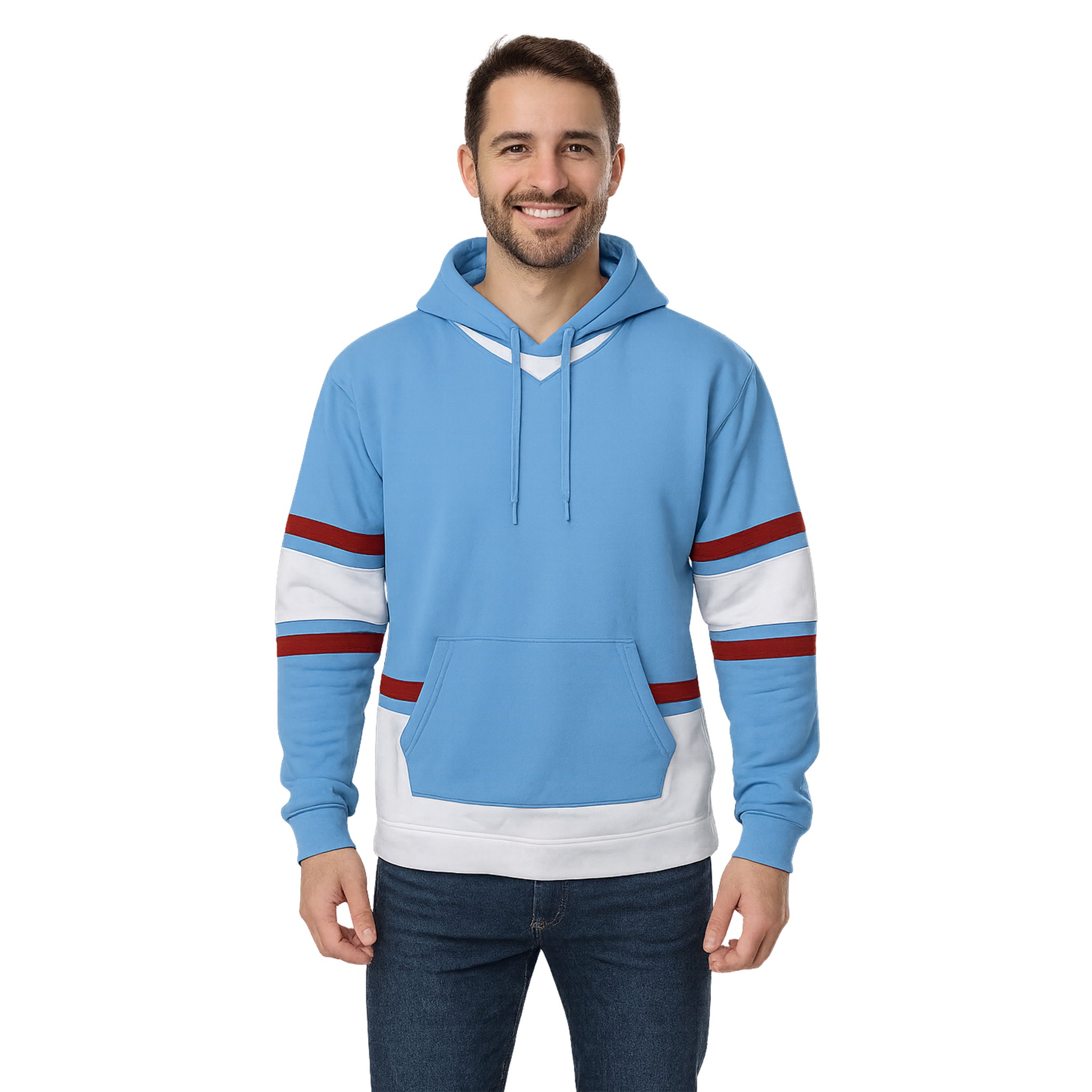 Men’s Light Blue Hoodie with Red & White Stripe Panels