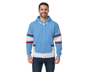 Men’s Light Blue Hoodie with Red & White Stripe Panels