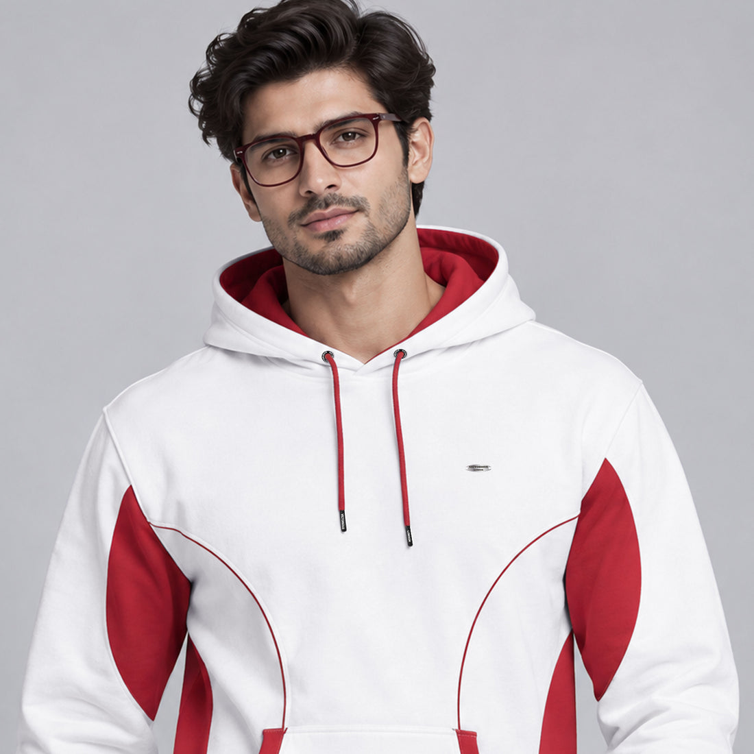 White and Red Curved Panels Pullover Hoodie
