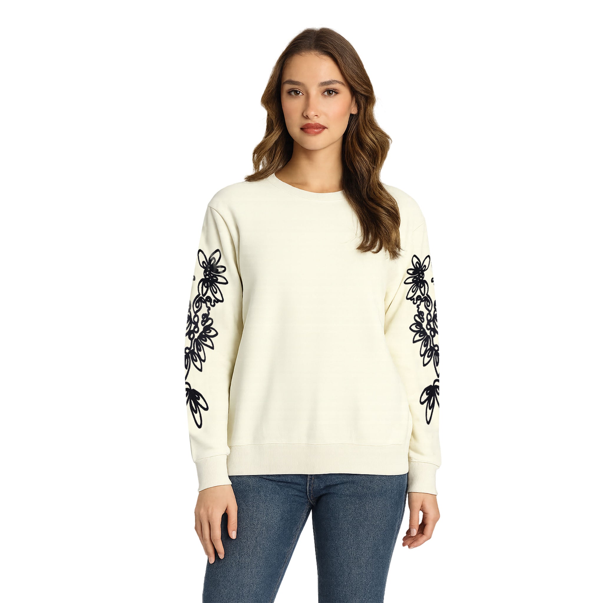 women's Floral embroidered crew neck sweatshirt
