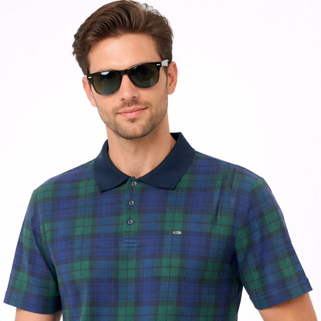 Men’s Green Navy Classic Tartan Check Polo Shirt