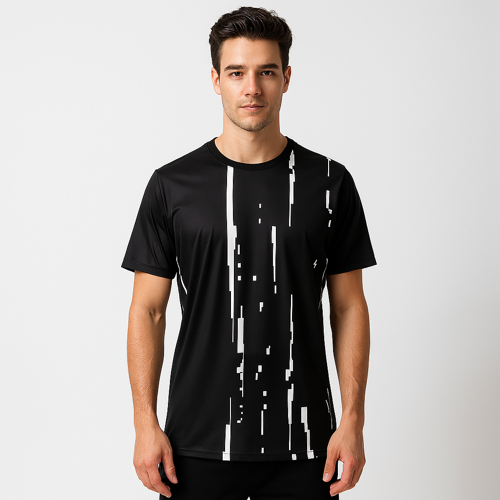 MEN POLYESTER BLACK AND WHITE LINE SPORTS T SHIRT
