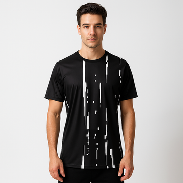 MEN POLYESTER BLACK AND WHITE LINE SPORTS T SHIRT