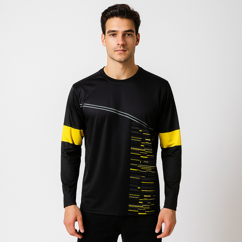 MEN POLYESTER BLACK AND YELLOW AOP SPORTS T SHIRT