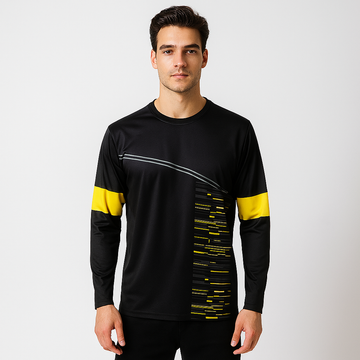 MEN POLYESTER BLACK AND YELLOW AOP SPORTS T SHIRT