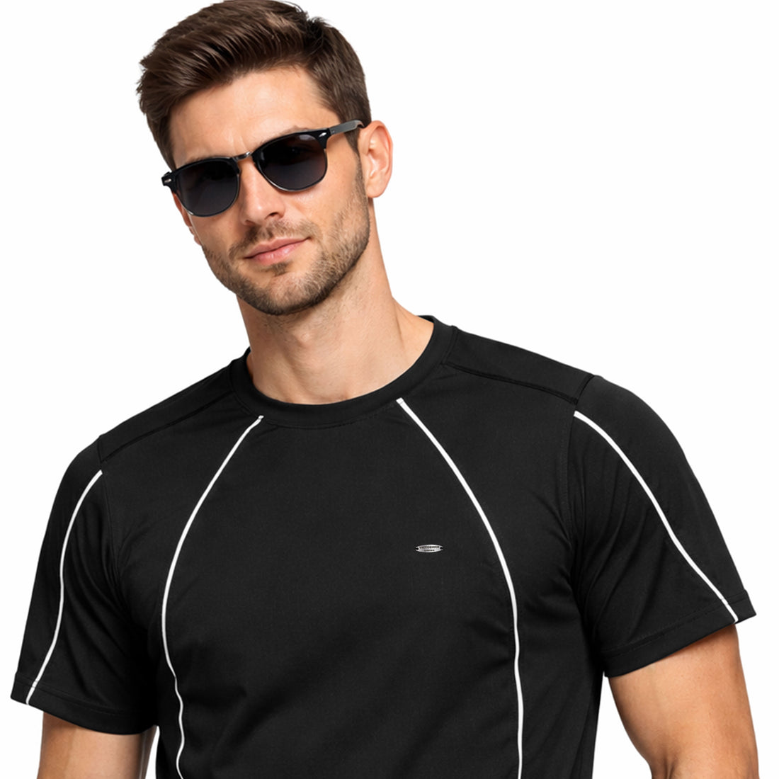 Men's Black Crew Neck With Front Peiping & Metal Badge T Shirt