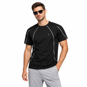 Men's Black Crew Neck With Front Peiping & Metal Badge T Shirt