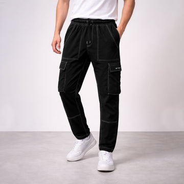 Men’s Black Utility Cargo Jogger Pants with Contrast Stitching