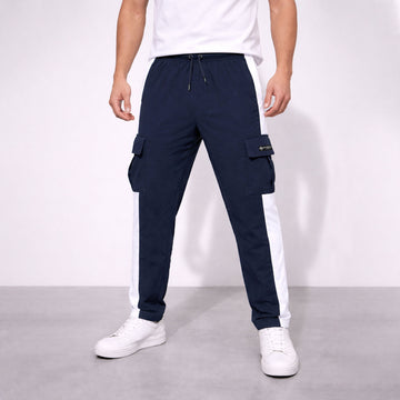 Men’s Navy Cargo Track Jogger Pants with Side Stripe