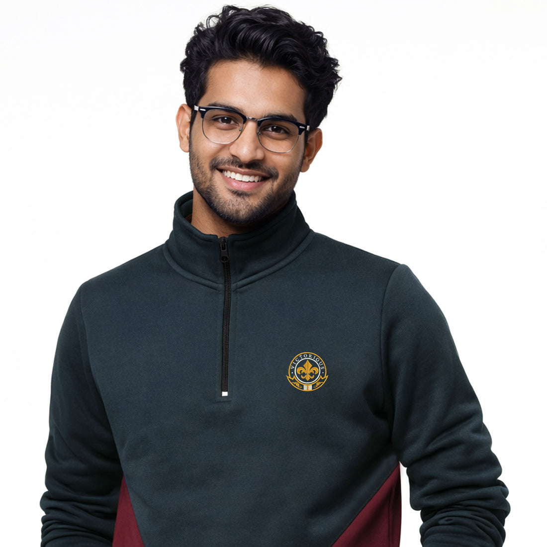 Men's Half Zip Embroidered Panel Collar Sweatshirt
