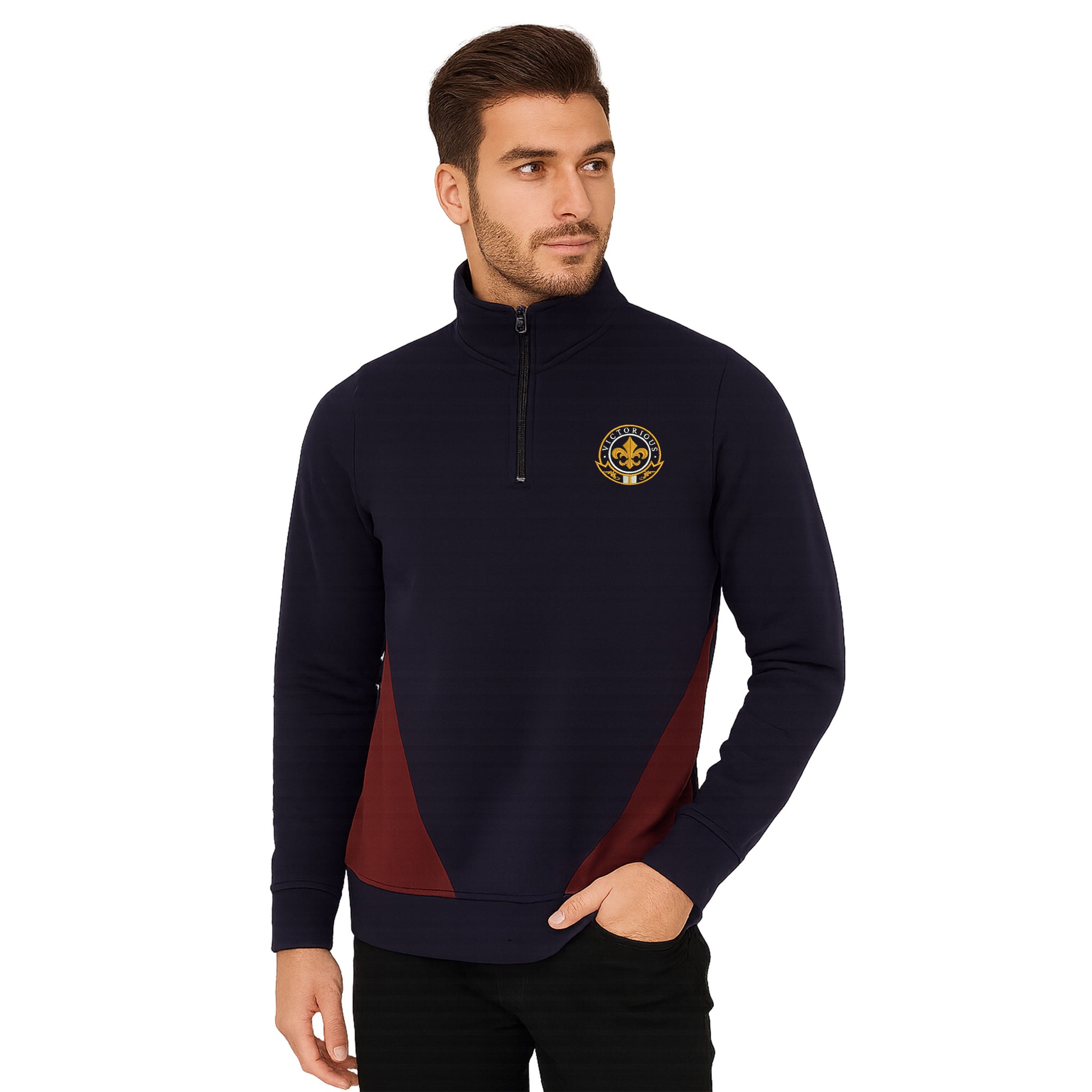 Men's Half Zip Embroidered Panel Collar Sweatshirt