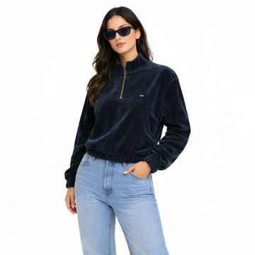 Women Velour Half-Zip with Metal Badge Pullover Sweatshirt