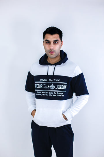 White & Navy Contrast Panel Embroidered Tracksuit