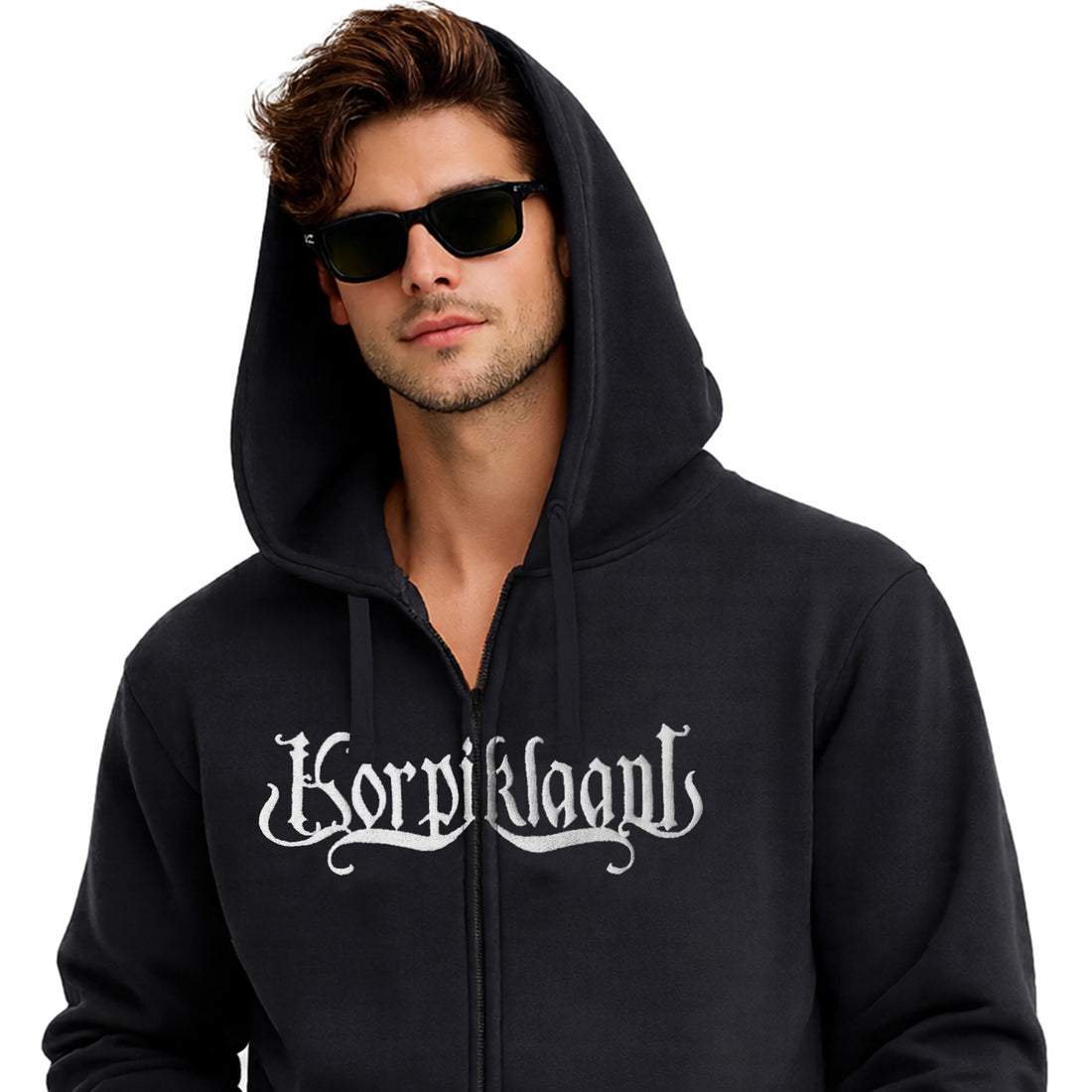 Men’s Black Zip-Up Embroidered & Back Printed Hoodie