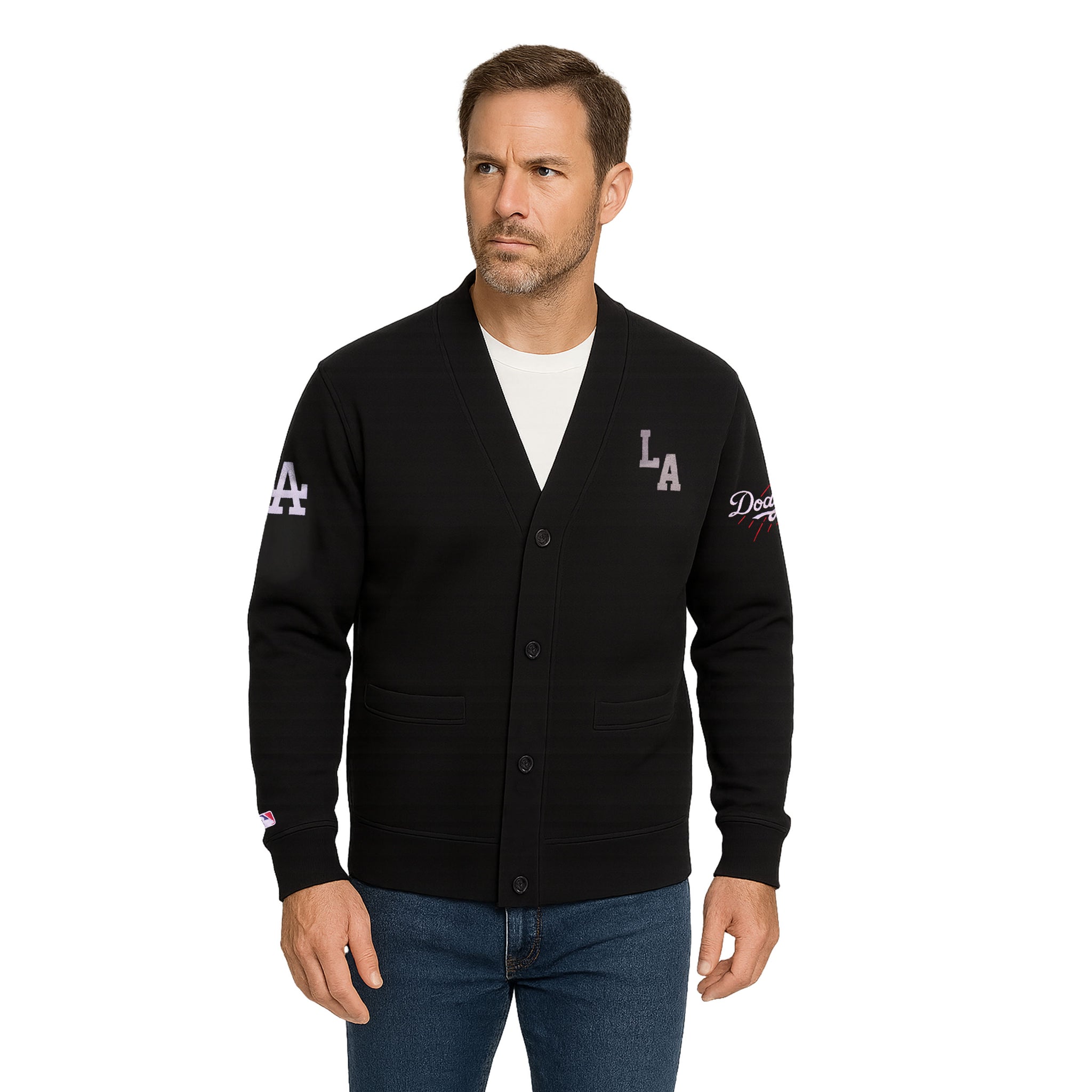 LA Embroidered Cardigan Sweater Men Solid Color With  Button