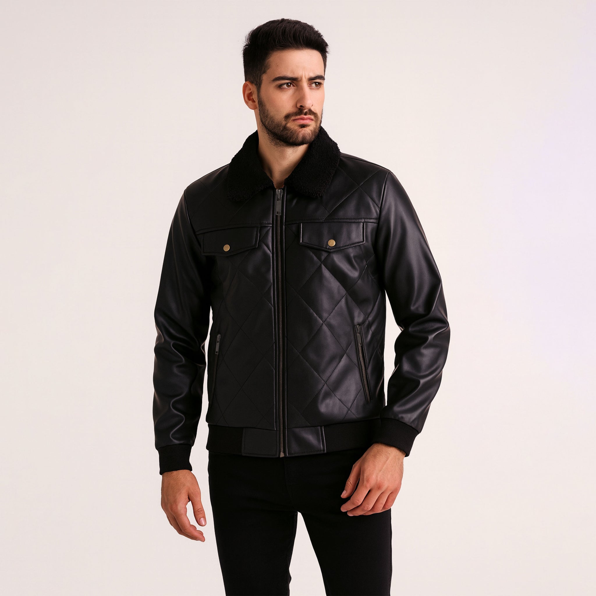 Men’s Black Leather Jacket with Zipper Closure