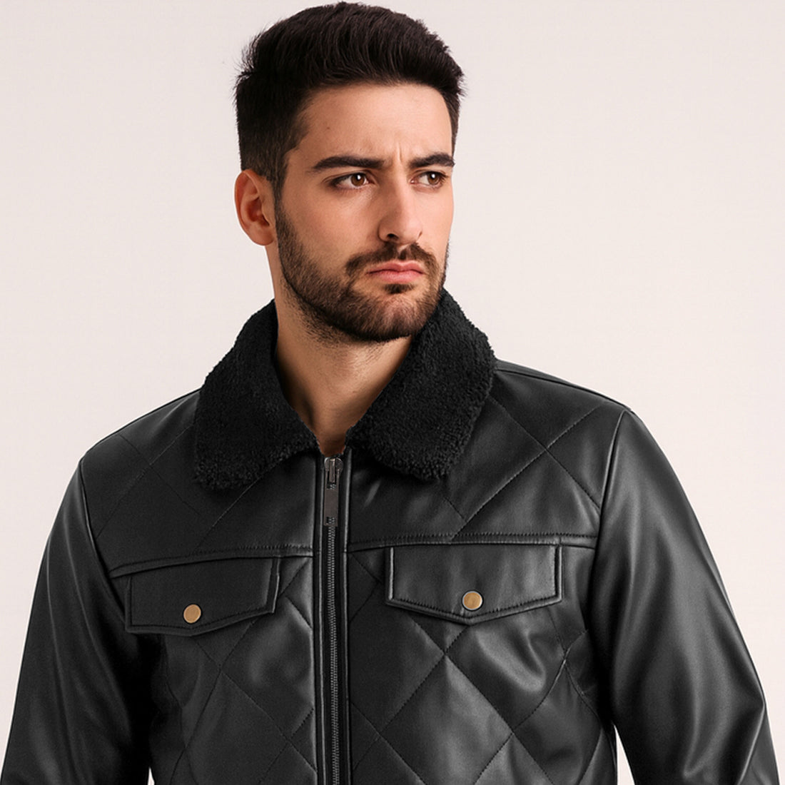 Men’s Black Leather Jacket with Zipper Closure