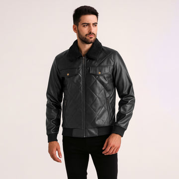 Men’s Black Leather Jacket with Zipper Closure