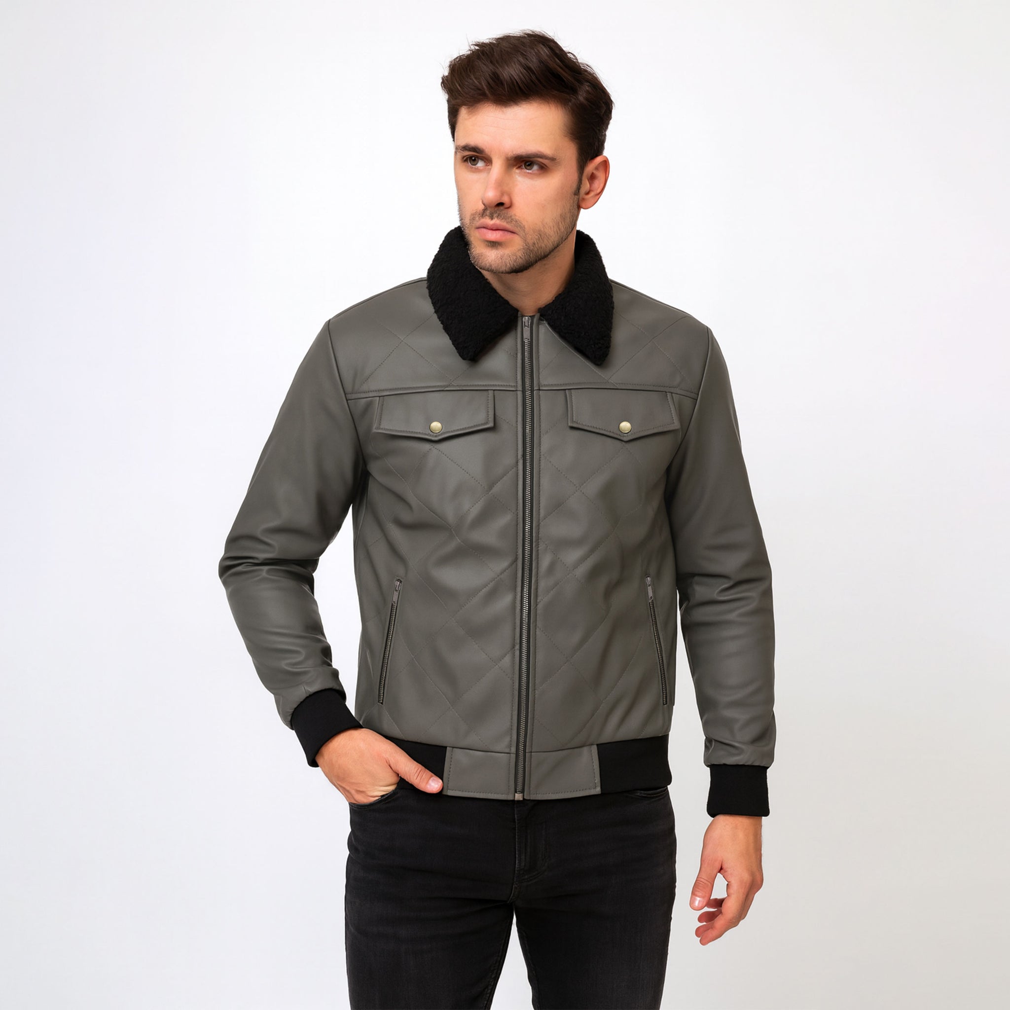 Men’s Grey Leather Jacket with Zipper Closure