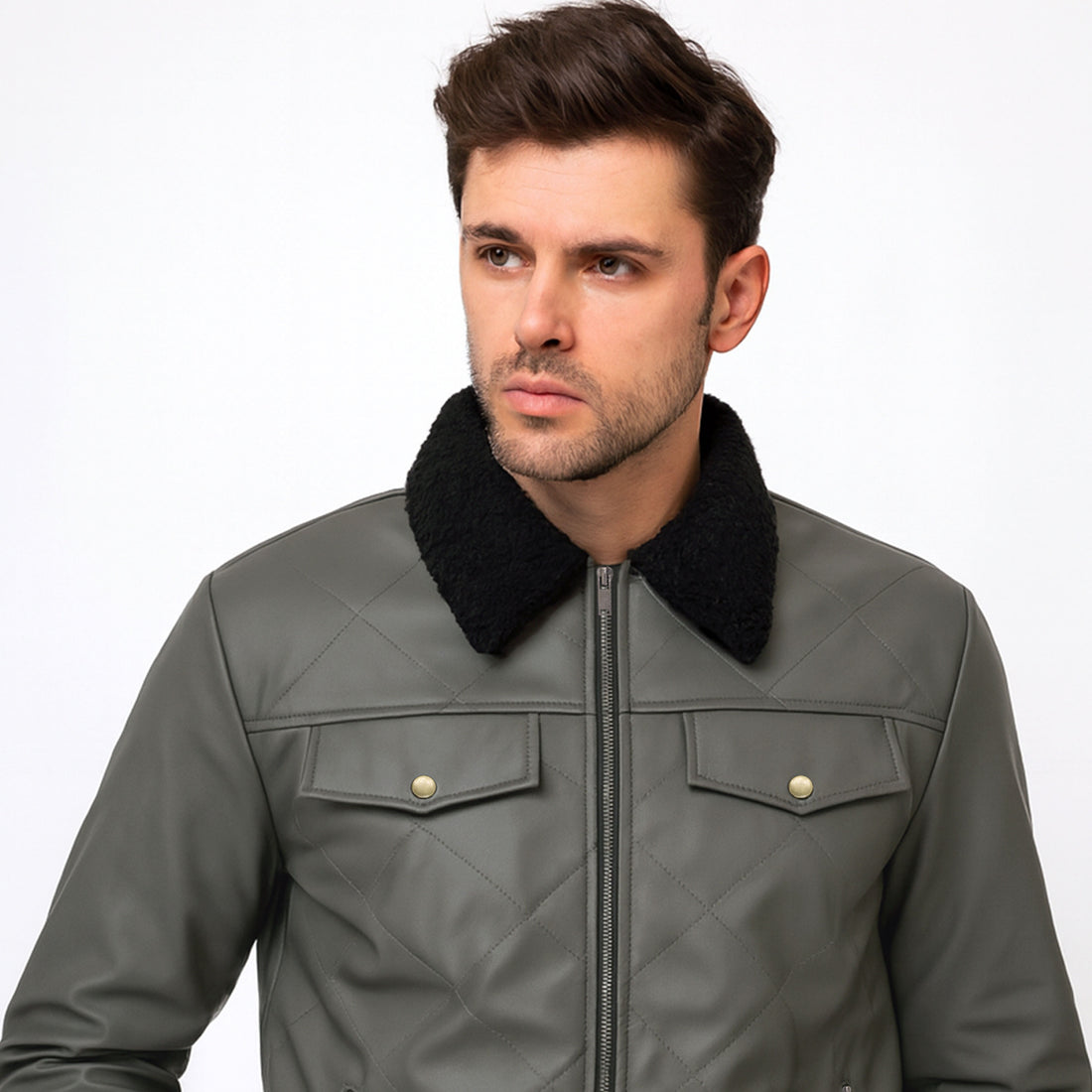 Men’s Grey Leather Jacket with Zipper Closure