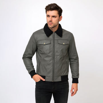 Men’s Grey Leather Jacket with Zipper Closure
