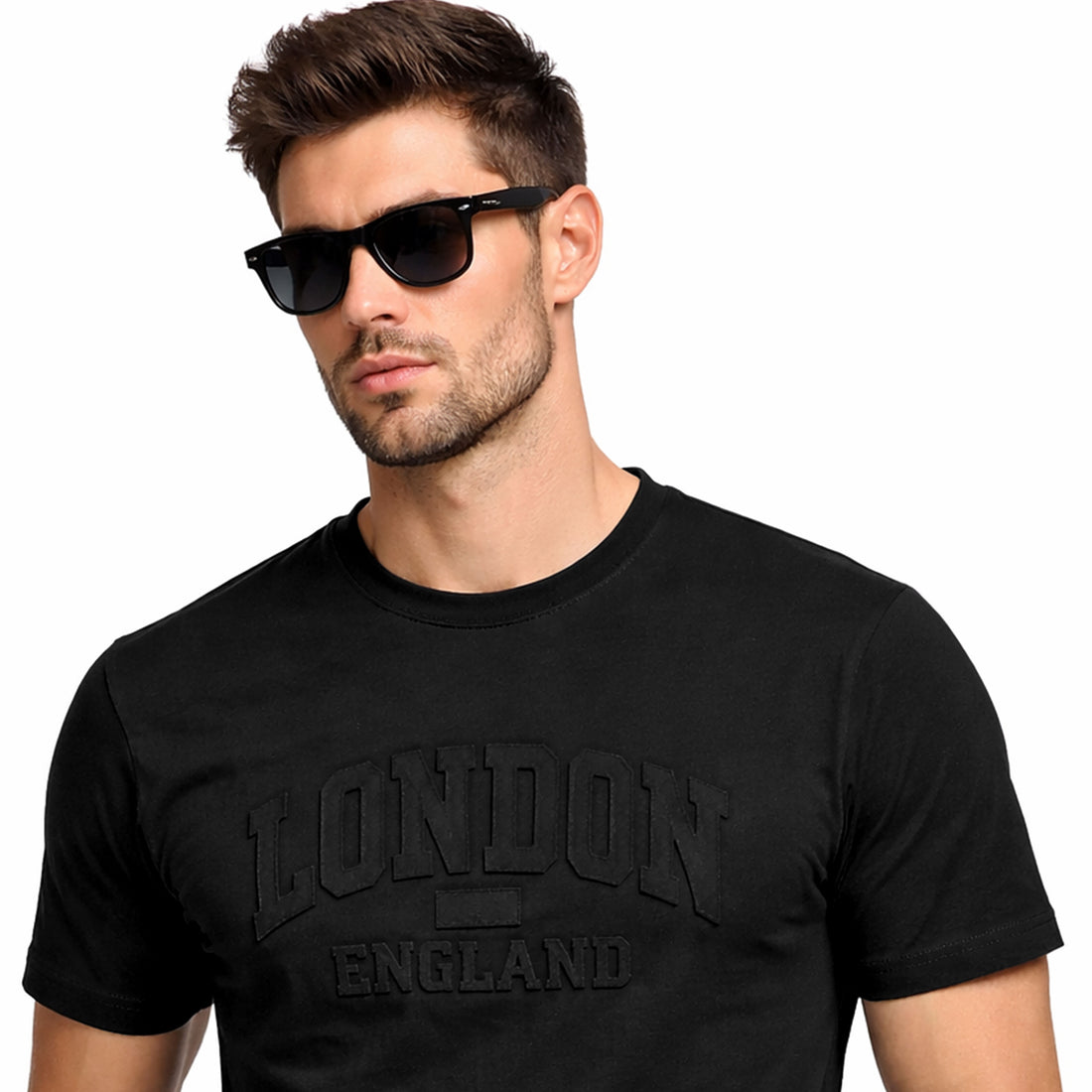 Black Color London England Embossed T Shirt