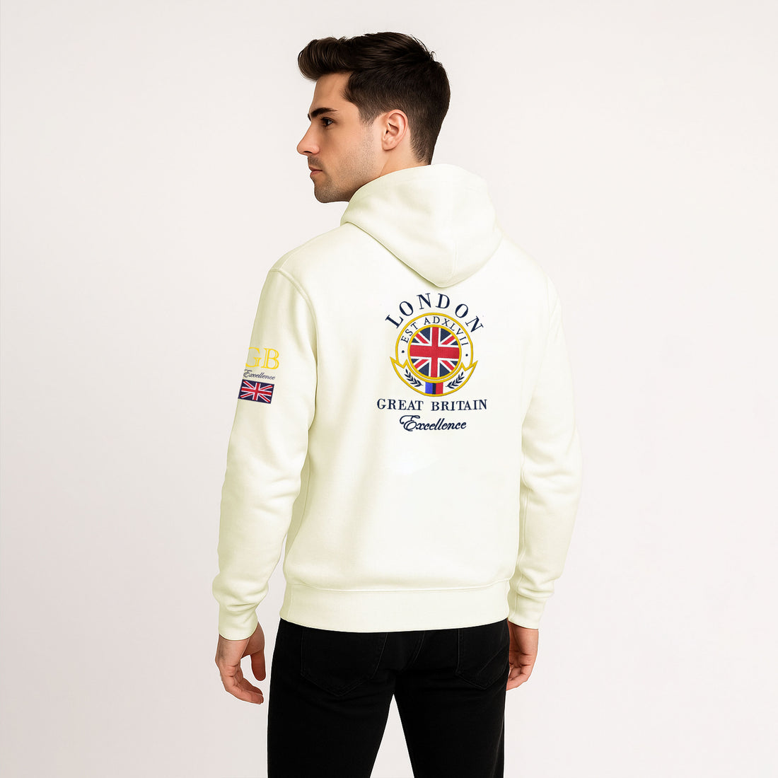 Premium Cream Zip-Up Hoodie with London England Flag Front & Back Embroidery