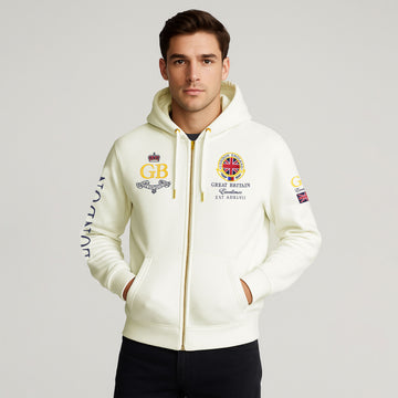 Premium Cream Zip-Up Hoodie with London England Flag Front & Back Embroidery