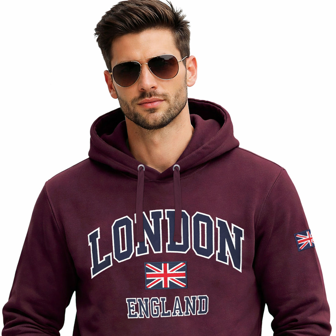 Men's Maroon London England Applique Embroidered Hoodie