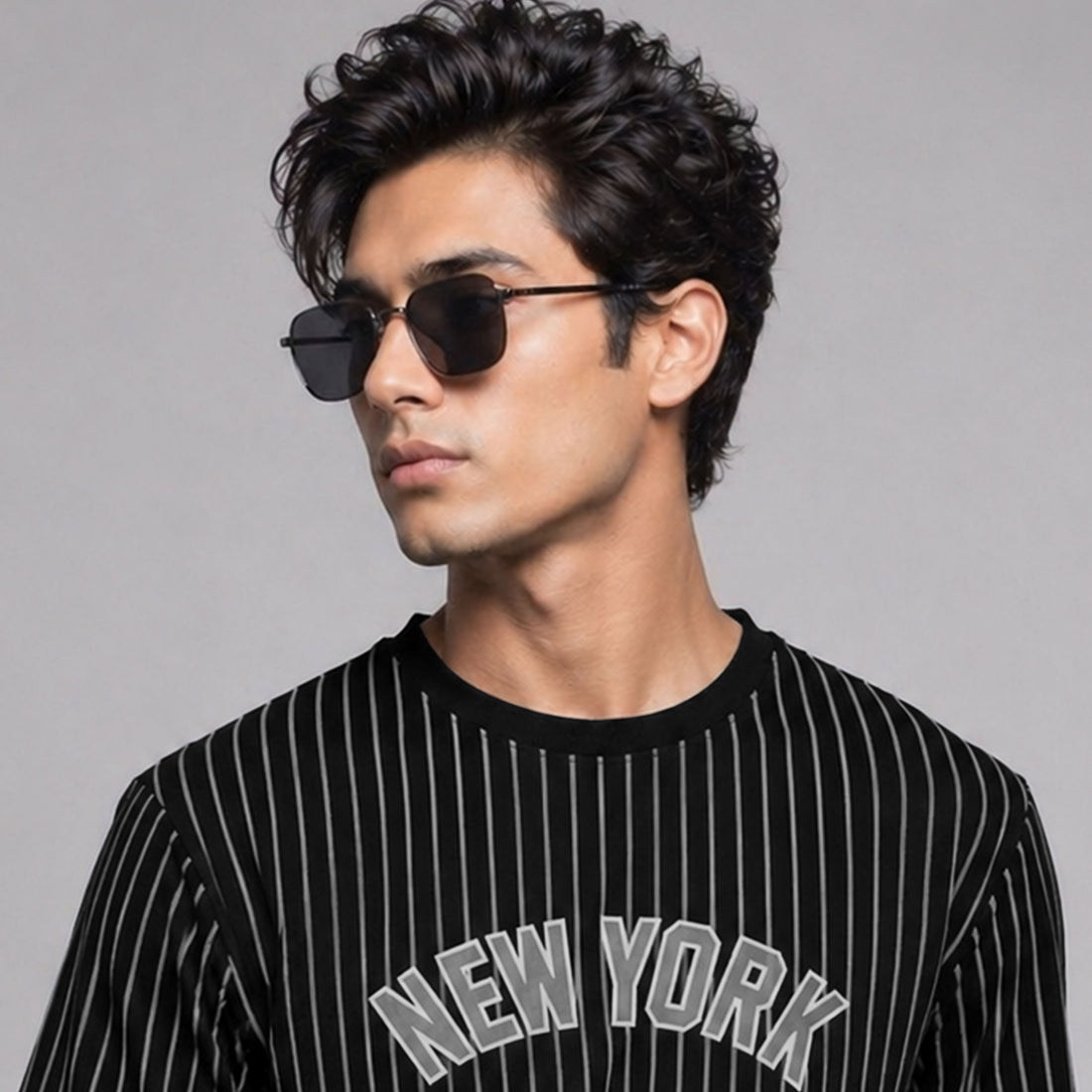 Black Pinstripe “New York” Crew Neck T-Shirt