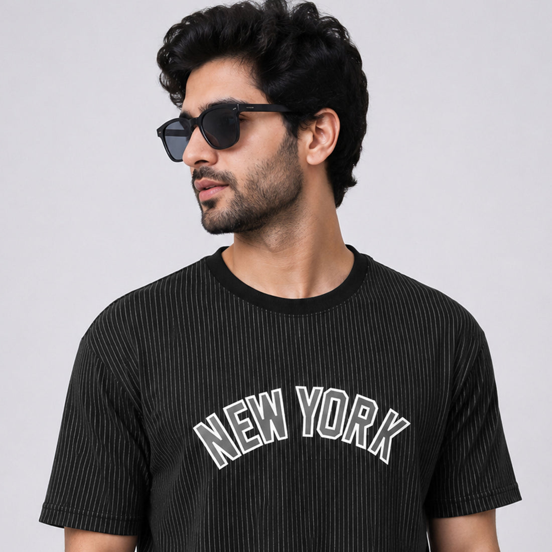 Black Pinstripe “New York” Crew Neck T-Shirt