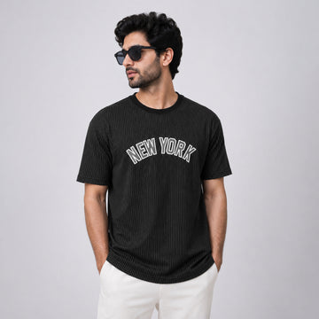 Black Pinstripe “New York” Crew Neck T-Shirt