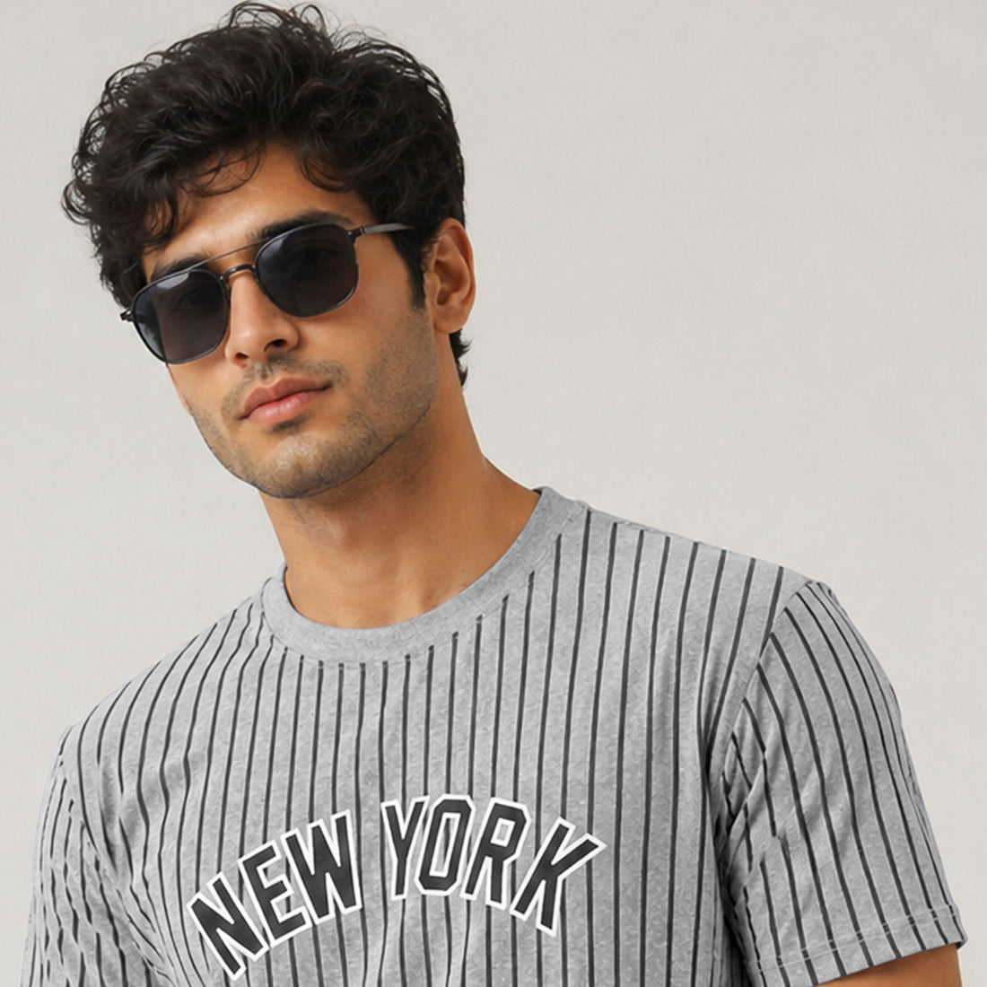 Grey Pinstripe “New York” Crew Neck T-Shirt