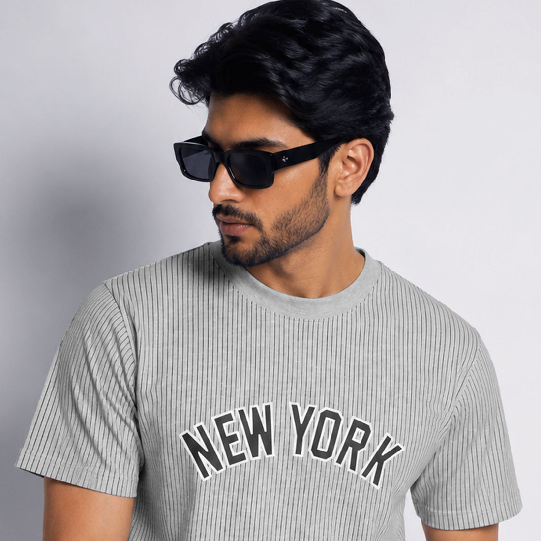 Grey Pinstripe “New York” Crew Neck T-Shirt