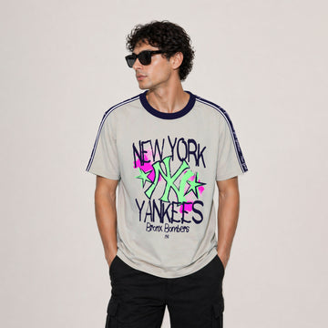 New York Yankees Beige Color Oversized Logo Printed T Shirt