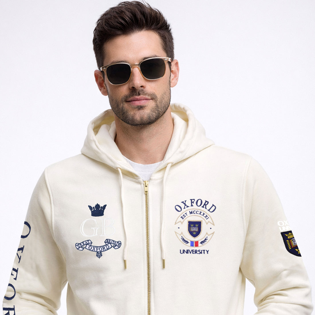 Premium Cream Zip-Up Hoodie with Oxford University–Style Crests and Embroidery