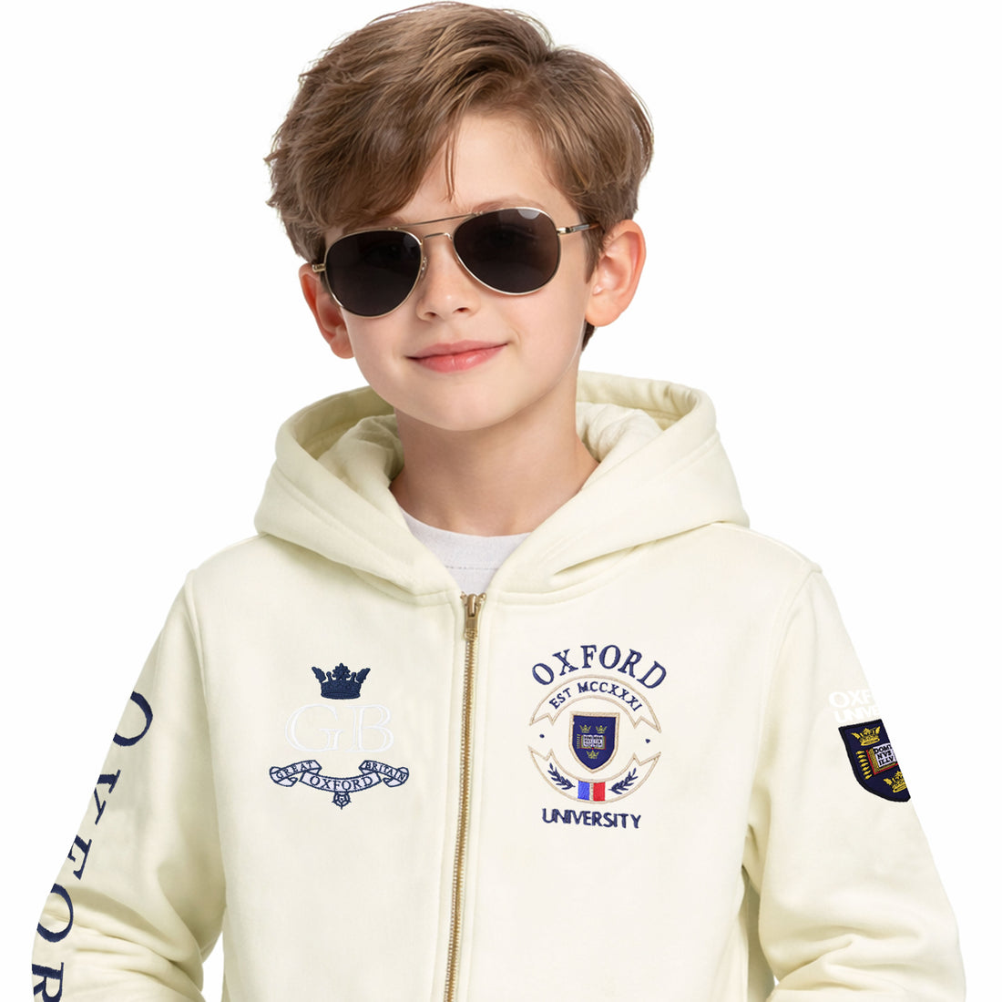 KIDS Premium Cream Zip-Up Hoodie with Oxford University–Style Crests and Embroidery