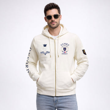Premium Cream Zip-Up Hoodie with Oxford University–Style Crests and Embroidery