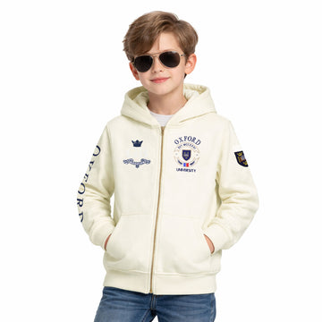 KIDS Premium Cream Zip-Up Hoodie with Oxford University–Style Crests and Embroidery