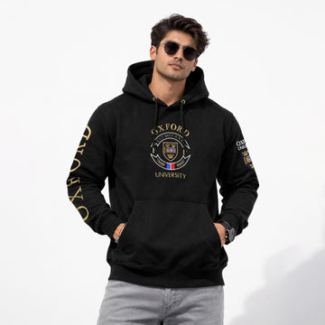 Premium Black Zip-Up Hoodie with Oxford University–Style Crests and Embroidery