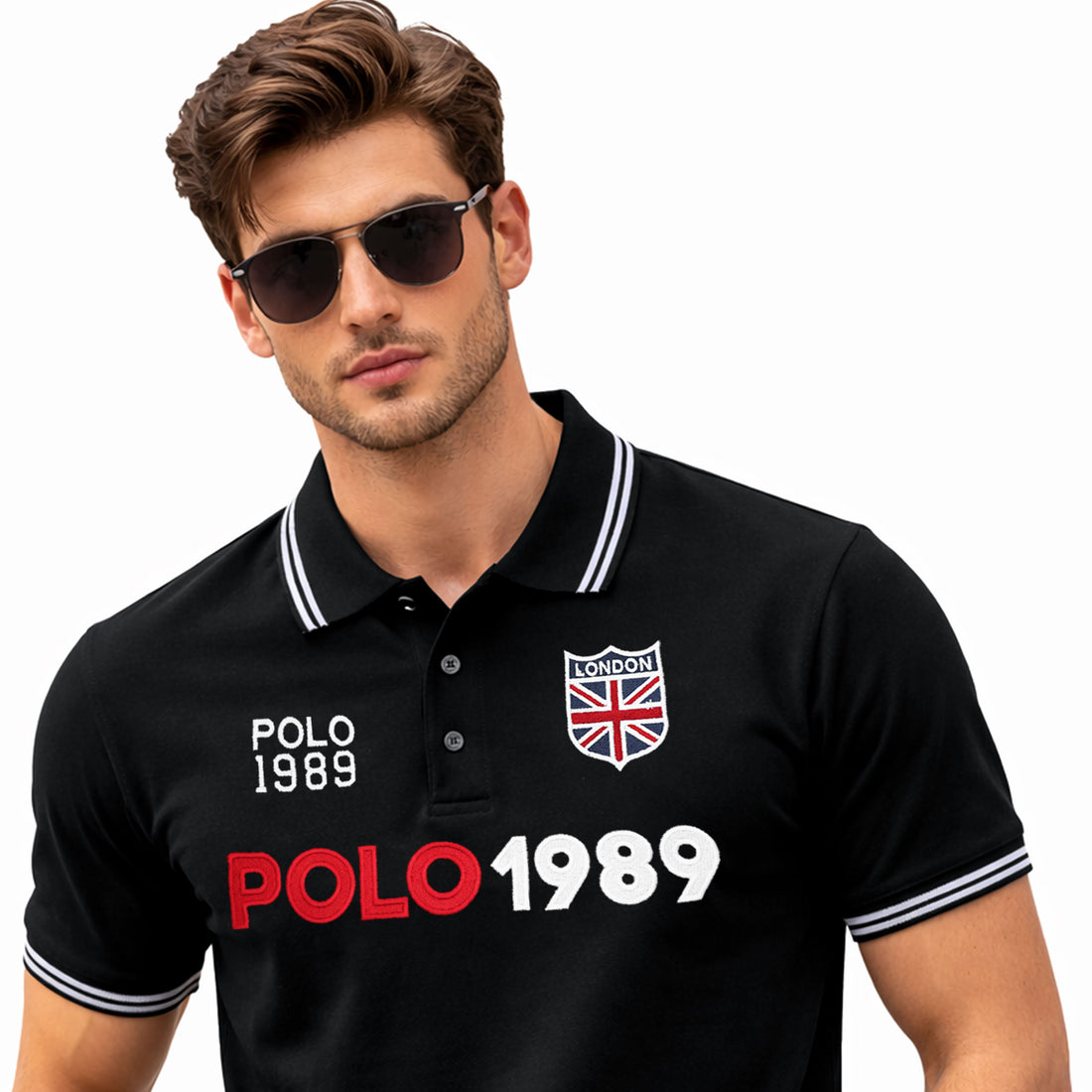 Men’s Black Polo with Red Detailing and “1989” Sport Vibe