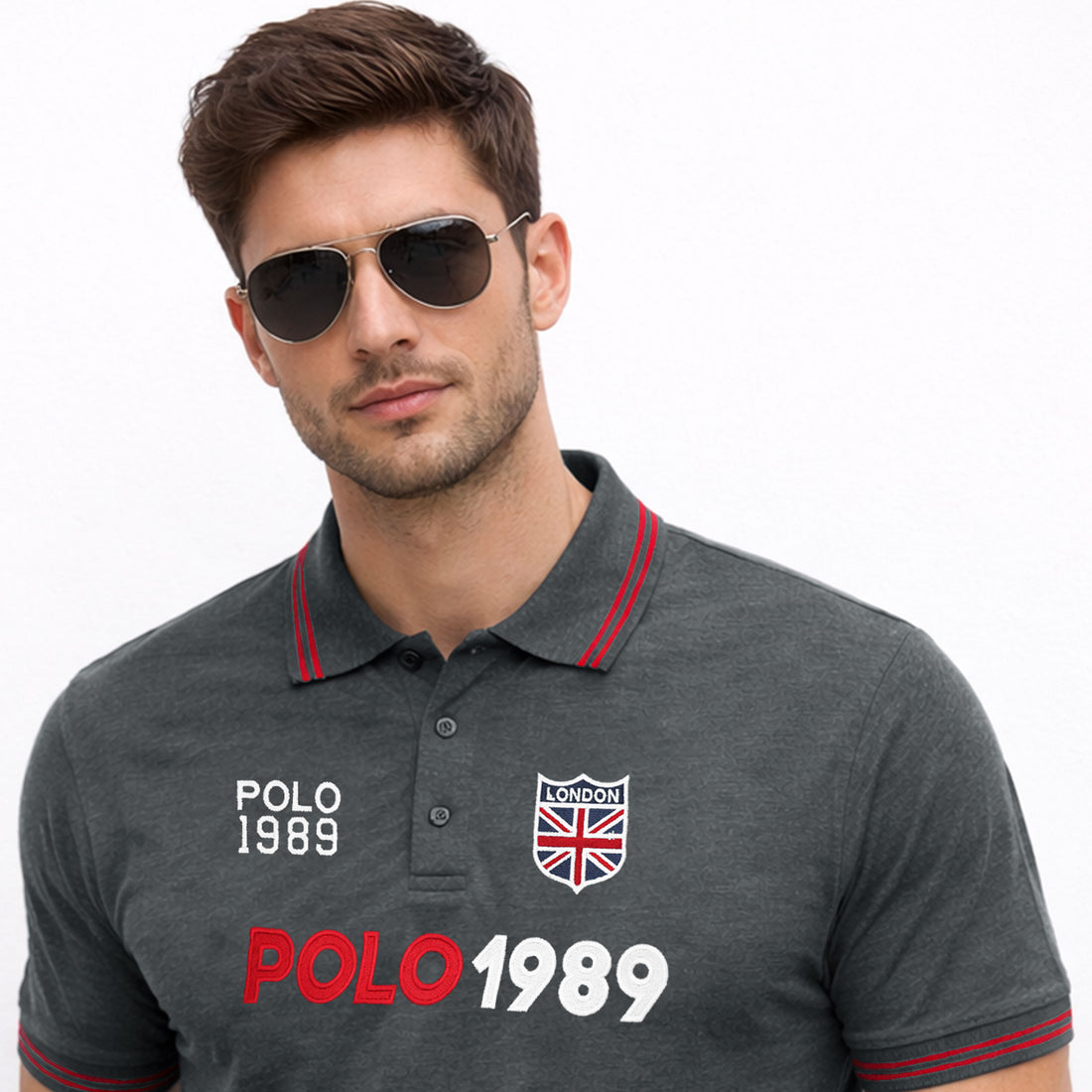Men’s Charcoal Polo with Red Detailing and “1989” Sport Vibe