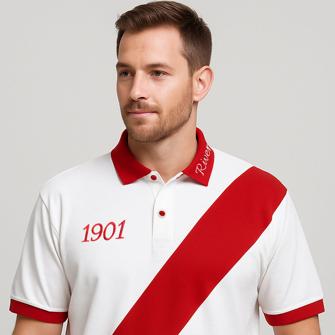 White Polo Shirt with A Red Diagonal Stripe