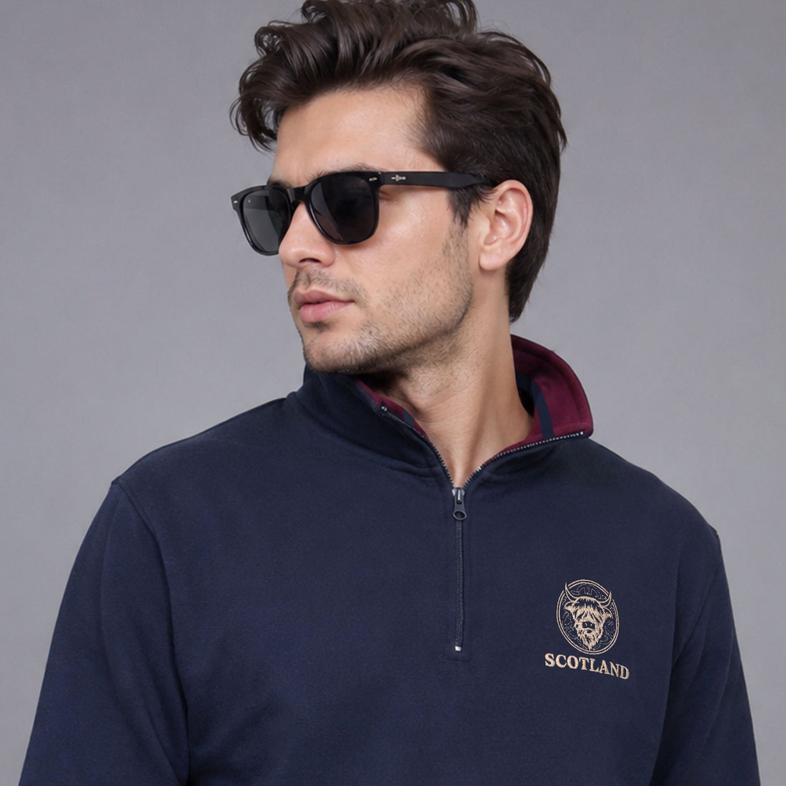Men's Half Zip Collar Sweatshirt with The Scotland Cow Embroidered